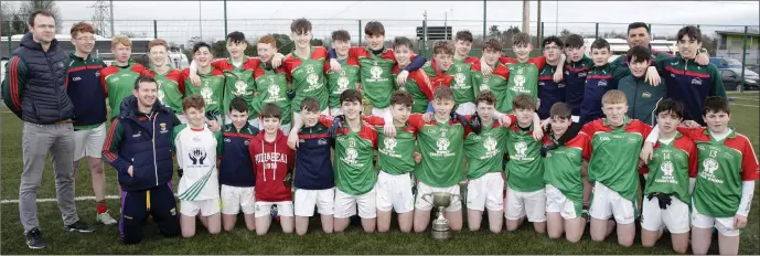  ??  ?? The triumphant Gorey Community School with their mentors after the impressive Leinster final triumph on the Bray Emmets astro turf on Monday of last week.