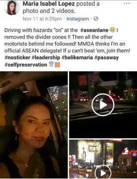  ??  ?? Screen grab of the beauty queen-actress’ Facebook post which came with videos showing her traversing the Asean lane.
