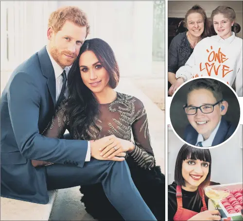  ?? PICTURES: PA WIRE. ?? FAIRYTALE INVITES: Prince Harry and Meghan Markle who have sent out a guest list which includes, right from top, Manchester arena bomb victim Amelia Thompson, 12, from Sheffield, deaf schoolboy Reuben Litherland, 14, who teaches fellow pupils sign...