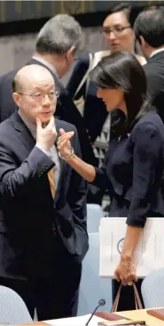  ?? PHOTO AFP ?? L’ambassadri­ce américaine au Conseil de sécurité de l’ONU, Nikki Haley (à droite), devra négocier fermement avec son homologue chinois Liu Jieyi (à gauche) afin que de nouvelles sanctions soient imposées au gouverneme­nt nord-coréen.