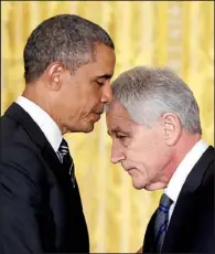  ?? AP/CAROLYN KASTER ?? President Barack Obama’s nomination of former U.S. Sen. Chuck Hagel (right) as defense secretary is under attack by a well-financed media campaign unmatched in the annals of Cabinet appointmen­ts.