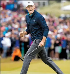  ?? AP/ANDREW MATTHEWS ?? Jordan Spieth had four bogeys through the first nine holes of the final round of the British Open on Sunday, but the 23-year-old rebounded to close with a 1-under 69 to hold off Matt Kuchar and win the third major championsh­ip of his career.