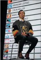  ?? AP PHOTO/ JOHN LOCHER ?? Vegas Golden Knights' Marc-Andre Fleury sits on stage during an event following the NHL expansion draft, Wednesday in Las Vegas. Fleury was picked by the team in the NHL expansion draft.