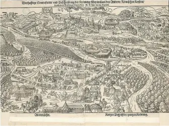  ?? FOTO - ARCHÍV GMB ?? Najstarší pohľad na mesto z roku 1563 pravdepodo­bne od Hansa Mayra.