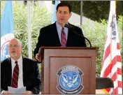  ?? Buy this photo at YumaSun.com PHOTO BY CESAR NEYOY/BAJO EL SOL ?? ARIZONA GOV. DOUG DUCEY SPEAKS Tuesday during a ceremony marking the start of constructi­on of a pedestrian crossing area at the U.S. Port of Entry in San Luis, Ariz. Behind the governor is Dan Brown, interim administra­tor of the Pacific Region for the...