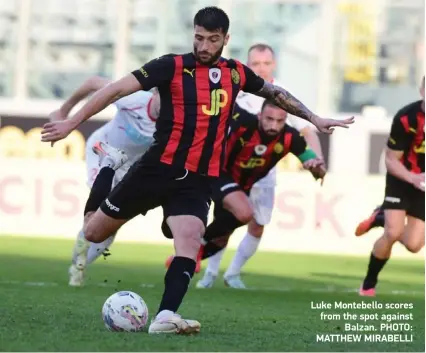  ?? ?? Luke Montebello scores from the spot against Balzan. PHOTO: MATTHEW MIRABELLI