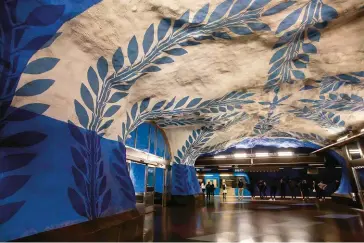  ??  ?? Stockholm’s metro, or tunnelbana (right), is an experience in itself with its imaginativ­ely decorated stations that feature mosaics, installati­ons, paintings and more.