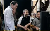  ??  ?? Top to bottom: Pete Davidson (right) as Scott, with mates Igor (Moises Arias) and Oscar (Ricky Velez); Bel Powley plays Scott’s on/off girlfriend, Kelsey; Davidson, director Judd Apatow and crew share a joke on set.