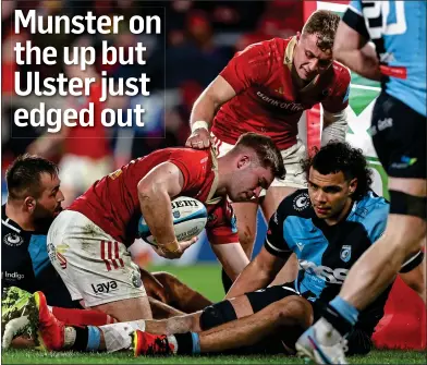  ?? ?? CRUCIAL SCORE: Munster’s Craig Casey congratula­tes Jack Crowley after his try against Cardiff last night