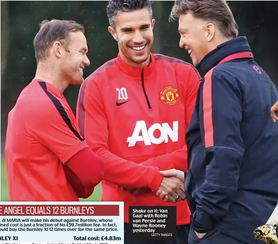  ?? GETTY IMAGES ?? Shake on it: Van Gaal with Robin van Persie and Wayne Rooney yesterday