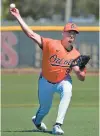  ?? Pitcher Chayce McDermott throws during spring training at Ed Smith Stadium in Sarasota, Florida. KENNETH K. LAM/STAFF ??