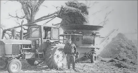  ?? Donnis Hueftle-Bullock ?? A piece of history! At right is a photo taken of another photo that hangs in the offices of the Howard Hay Company. In the 1967 photo, Vic Howard is shown in 1967 with his first machine. It was grinding 15 ton per hour and that was a very good average! Current machines , if grinding good dry quality alfalfa now, are 50+ ton per hour with the average overall at 35 ton per hour. In the busy season, the machines are out seven days a week to make sure Ag clients have the feed they need.