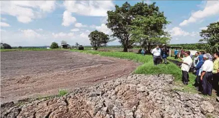  ?? [FOTO ADI SAFRI/BH] ?? Ayub meninjau kolam larutan resapan di sebuah kilang pemprosesa­n sawit yang menyebabka­n pencemaran di Sungai Sembrong di Jalan Batu Pahat.