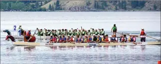  ?? Photo contribute­d ?? The Golden Dragons from Penticton (rear) battle the Silver Dips from Vernon during the senior sprints race Friday on Skaha Lake, part of the ninth annual Okanagan Super Sprints dragon boat competitio­n.