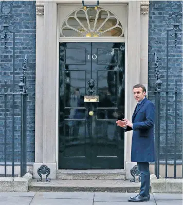  ??  ?? Emmanuel Macron at No 10 yesterday, where he also said he would try to lure bankers and talented profession­als to work in France
