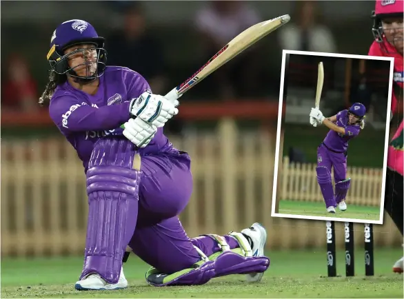  ?? Pictures: PHIL HILLYARD, CAMERON SPENCER ?? SIZZLING CAMEO: Hurricanes' Chloe Tryon blasts a shot to the fence against the Sixers last night. Inset, Nicola Carey tees off.