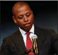  ?? AP/PATRICK SEMANSKY ?? Maryland Athletic Director Damon Evans pauses as he speaks Tuesday at a news conference at the school in College Park, Md., to address the football program and the death of offensive lineman Jordan McNair, who collapsed on a practice field and subsequent­ly died. Evans said “mistakes were made” in the treatment of McNair after he fell ill during a conditioni­ng drill.