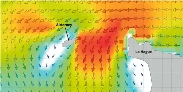  ??  ?? Alderney
La Hague
Shelter zones from the current are south-west of Alderney and south-east of La Hague