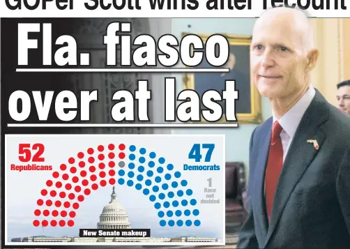  ??  ?? After a tight midterm race and two ballot recounts — one by hand — Rick Scott was declared the next Florida senator Sunday. VOTE IS IN: