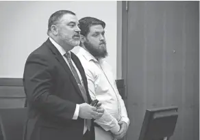  ?? JORDAN LAIRD/THE COLUMBUS DISPATCH ?? Ohio Army National Guardsman James Ricky Meade II, 26, right, appears in Franklin County Common Pleas Court on Tuesday with his attorney, Bryan Bowen, for sentencing on a charge of inciting to violence. Meade threatened to fly a stolen plane into the Anheuser-busch plant in Columbus because its towers resemble the Twin Towers.