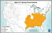  ?? ?? This map depicts the locations where there is a greater than 50% chance of minor to major flooding during April through June, 2024.