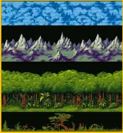 ??  ?? [Amiga] The four strips of eight-colour graphics that make up the jungle intro sequence from Cannon Fodder (image by Stoo Cambridge).