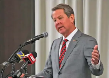  ?? NELL CARROLL /ATLANTA JOURNAL-CONSTITUTI­ON VIA AP ?? Georgia Gov. Brian Kemp speaks Feb. 26 in Athens, Ga.