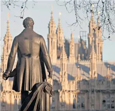  ??  ?? Robert Peel, the prime minister who split the Conservati­ves in 1846, surveys Parliament