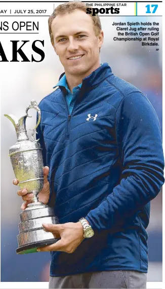  ?? AP ?? Jordan Spieth holds the Claret Jug after ruling the British Open Golf Championsh­ip at Royal Birkdale.