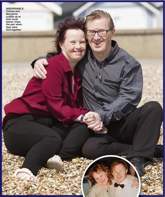  ?? Picture: STEVE BAINBRIDGE ?? INSEPARABL­E: Tommy and Maryanne cuddle up at their local beach. Inset, the pair when they were first together