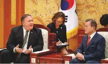  ?? Reuters ?? US Secretary of State Mike Pompeo talks with South Korean President Moon Jae-in during their meeting at the presidenti­al Blue House in Seoul yesterday.