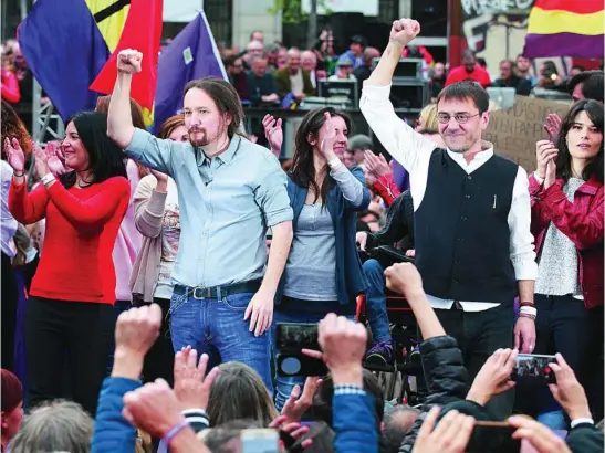  ?? C. PASTRANO ?? Pablo Iglesias, Irene Montero, Juan Carlos Monedero e Isabel Serra, en un acto electoral