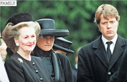  ??  ?? Mourning: Raine with Diana and Charles Spencer at Earl Spencer’s funeral in 1992. Below, with the Earl and with Mohamed Fayed, the former Harrods owner