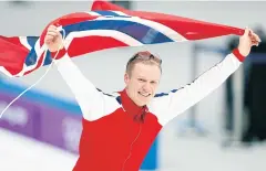  ?? REUTERS ?? Havard Lorentzen celebrates after winning the men’s 500m speed skating title.