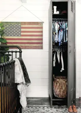  ?? ?? Originally a closet, Chrissy converted this room into a nursery when her son Levi was born. “We didn’t have a primary one, so we used it until we decided to make this room for him,” she says. “It doesn’t have a closet, so I cleaned the locker up and added a bar for his clothes.”