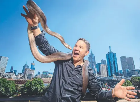  ??  ?? NATURAL APPEAL: Steve Backshall, with an olive python called Jake, is excited about his Australian tour. Picture: SARAH MATRAY