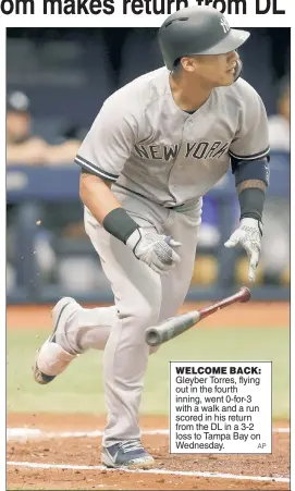  ?? AP ?? WELCOME BACK: Gleyber Torres, flying out in the fourth inning, went 0-for-3 with a walk and a run scored in his return from the DL in a 3-2 loss to Tampa Bay on Wednesday.