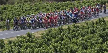  ?? CHRISTOPHE ENA, THE ASSOCIATED PRESS ?? The pack rides through vineyards during the 11th stage of the Tour de France cycling race in Montpellie­r on Wednesday.