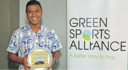  ??  ?? Dwain Qalovaki with the Green Sports Alliance 2018 Innovator of the Year award for advancing connection­s between sports and waste management by hosting the first Oceania Region Plastic Free tournament at Raka7s across staff, stadium venue, food vendors, fans and community. He received this award on June 27, in Atlanta in USA.