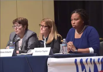  ?? PETE BANNAN - MEDIANEWS GROUP ?? The three Democratic candidates for county council take part in the debate hosted by League of Women Voters at the Connelly Center at Villanova University. Left to right are Democratic candidates Christine Reuther, Elaine Schaefer and Monica Taylor.