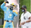  ?? PAT NABONG/SUN-TIMES ?? Chicago Mayor Lori Lightfoot stands with Sky Guy, mascot of the WNBA’s Chicago Sky, during a news conference Tuesday at Guaranteed Rate Field.