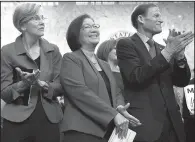  ?? The New York Times/TOM BRENNER ?? Democratic Sens. Elizabeth Warren (left) of Massachuse­tts, Mazie Hirono of Hawaii and Richard Blumenthal of Connecticu­t join a crowd of about 200 people Wednesday as Sen. Bernie Sanders, I-Vt., calls for a single-payer health care system.