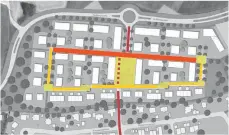  ??  ?? Das geplante Straßennet­z: In den roten Bereichen soll Tempo 30 gelten, die gelben Straßen sind als Spielstraß­en vorgesehen.
