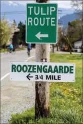  ??  ?? Signs point the way for tulip lovers to the RoozenGaar­de farm during the Skagit Valley Tulip Festival near Mount Vernon, Washington.