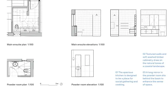  ??  ?? 01 The spacious kitchen is designed to be a place for social gathering and cooking. 02 Textured walls and soft washed timber cabinetry draw on the natural tones of a coastal landscape.
03 A long mirror in the powder room sits behind the basin to enhance the sense of space.