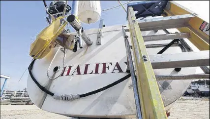  ?? eric WyNNe/SaltWire NetWork ?? The Quesera sits up on jacks at East River Marine on Wednesday. About 270 kilograms of cocaine were allegedly found on the 9.14-metre sailboat on the weekend and two men were arrested.