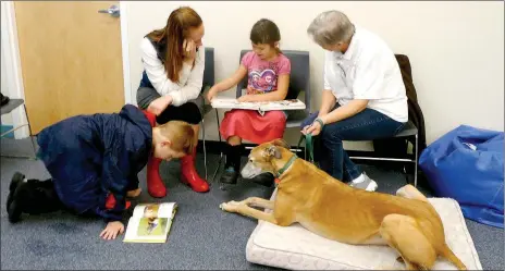  ?? Photo submitted ?? Dusty, a certified therapy dog, listened as a family read to him in the Siloam Springs Public Library. Dusty and his owner Memerley McElheny visit the library twice a month so that children of all ages can have a chance to read to him.