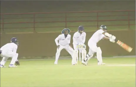  ?? (Orlando Charles photo) ?? Guyana’s Shivnarine Chanderpau­l on the go during his century knock yesterday.