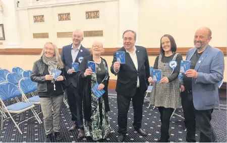  ?? ?? Town hall gathering Mr Salmond was joined in Ayr by the party’s South Ayrshire Council candidates Denise Sommervill­e (Ayr North), John Caddis (Prestwick), Geoff Bush (Kyle) and Eileen Spence (Girvan and South Carrick).