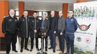  ??  ?? Hugh Cunningham (Sligo Leitrim Schoolboys League), John Barton and Tom Crisp (Derby County), Terry Hayes (Sligo Leitrim Schoolboys League), Jim Gray (PRO Sligo Super Cup), Packie Lynch (Sligo Super Cup Tournament Director) and Shane Crossan (Sligo Rovers). Pic: Donal Hackett.